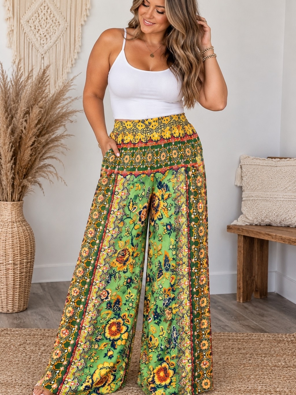 One World Live & Let Live 2X Floral Boho Wide Leg Palazzo Pants NWT
